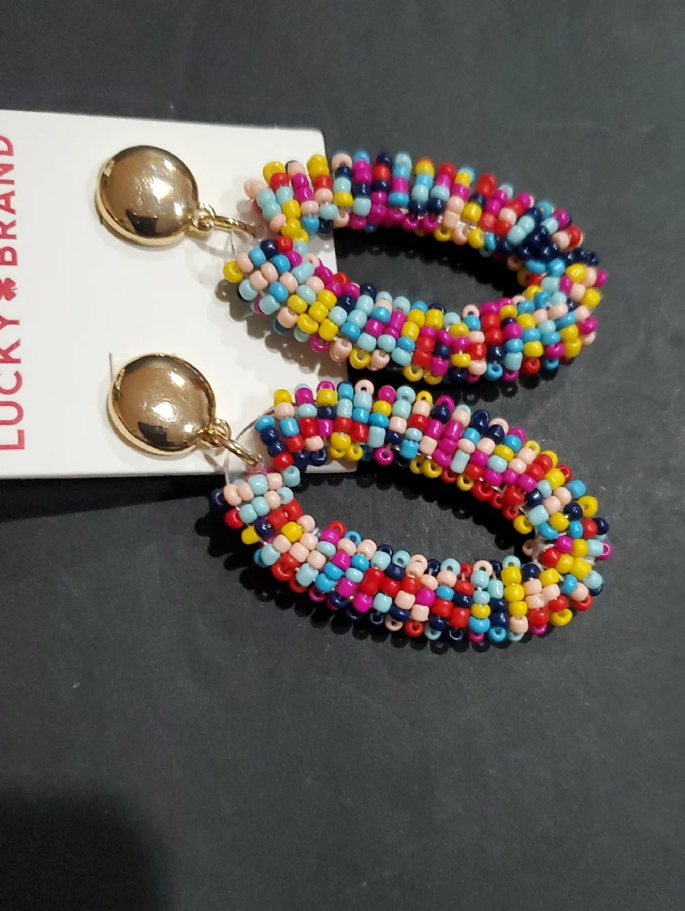 Lucky Brand multi-colored beaded gold stamped oversized oval two tiered earrings